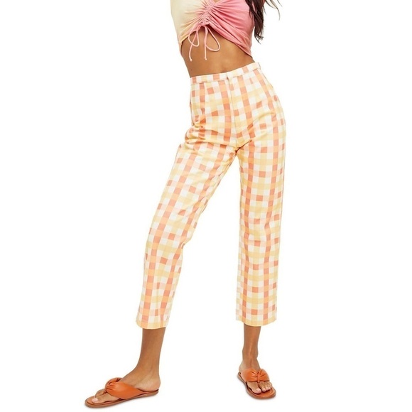 Free People Pants - Free People She's All That Plaid Crop High Waist Pants Orange Yellow Sz 12 New